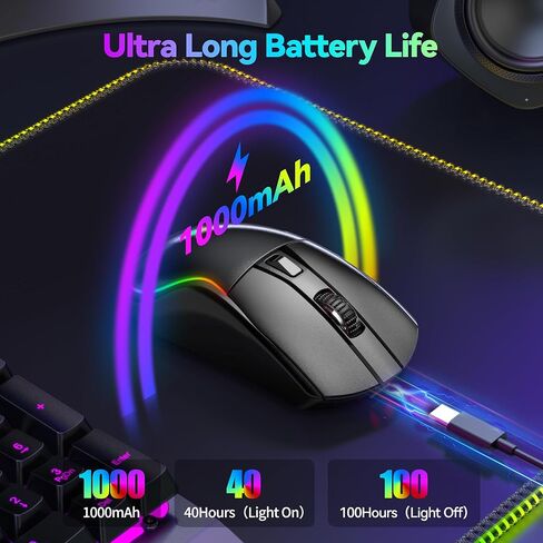 TECKNET Tri-Mode Wireless Gaming Mouse, RGB Backlit Bluetooth 5.0/2.4G/USB-C Rechargeable Ergonomic Mouse with 6 Programmable Buttons, 24000 DPI, 1000Hz Polling Rate, for PC Laptop Mac Gamer in Saudi Arabia