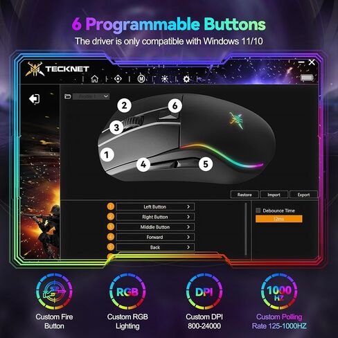 TECKNET Tri-Mode Wireless Gaming Mouse, RGB Backlit Bluetooth 5.0/2.4G/USB-C Rechargeable Ergonomic Mouse with 6 Programmable Buttons, 24000 DPI, 1000Hz Polling Rate, for PC Laptop Mac Gamer in Saudi Arabia