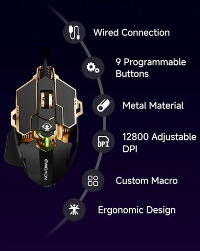 SEUNKWANG EWEADN G5 Wired Gaming Mouse, Ergonomic RGB Computer Mouse, 12800 Adjustable DPI, 9 Programmable Macro Buttons with Rapid Fire Key Compatible for PC/Laptop/Windows- Black&Gold in Saudi Arabia