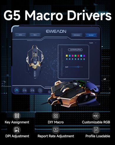 SEUNKWANG EWEADN G5 Wired Gaming Mouse, Ergonomic RGB Computer Mouse, 12800 Adjustable DPI, 9 Programmable Macro Buttons with Rapid Fire Key Compatible for PC/Laptop/Windows- Black&Gold in Saudi Arabia