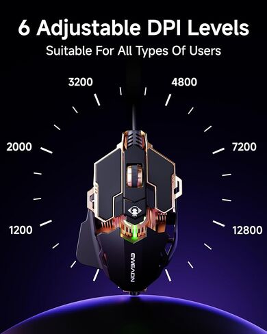 SEUNKWANG EWEADN G5 Wired Gaming Mouse, Ergonomic RGB Computer Mouse, 12800 Adjustable DPI, 9 Programmable Macro Buttons with Rapid Fire Key Compatible for PC/Laptop/Windows- Black&Gold in Saudi Arabia