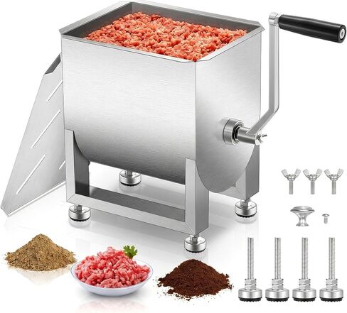 Manual Meat Mixer 44LBS/20L 304 Stainless Steel with Gear Box, Mix Up to 35LBS Sausage Meat per Batch, Tiltable Bowl, Removable Handle & Lid, Heavy-Duty for Hunting, Butcher Shop, Commercial Use in Saudi Arabia