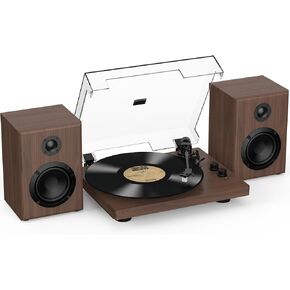 مشغل تسجيلات فينيل RetroAudio مع مكبرات صوت على رف الكتب بقدرة 24 وات، قرص دوار لنظام HiFi لسجلات Viny، مشغل فينيل عتيق مع خرطوشة مغناطيسية، مدخل ومخرج BT، مخرج RCA، إيقاف تلقائي، 33/45 دورة في الدقيقة (بني) in Kuwait