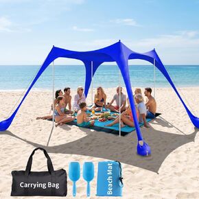 12x12 FT Beach Tent Sun Shelter UPF 50+, XL Beach Canopy with 4 Thickened Aluminum Poles, Sandbags, Windproof Portable Beach Sun Shade with Beach Blanket, Shovels, for Outdoor Camping Fishing RV Trip in Saudi Arabia