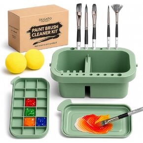 DUGATO Paint Brush Cleaner Washer, Multifunction Painting Brush Basin Holder and Organizer width Tray Palette Lid & 2 Art Sponges for Acrylic, Watercolor, Oil, Gouache Painting in Kuwait