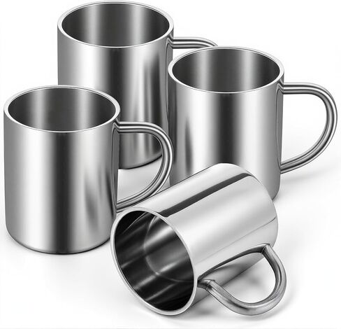 4 Pcs 10oz/300ml 304 Stainless Steel Cups with Handle, Metal Double Walled Cups, Stainless Steel Coffee Mug with Handle, Unbreakable Insulated Camping Mugs for Coffee, Milk, Tea and Cold or Hot Drinks in Saudi Arabia