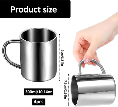 4 Pcs 10oz/300ml 304 Stainless Steel Cups with Handle, Metal Double Walled Cups, Stainless Steel Coffee Mug with Handle, Unbreakable Insulated Camping Mugs for Coffee, Milk, Tea and Cold or Hot Drinks in Saudi Arabia