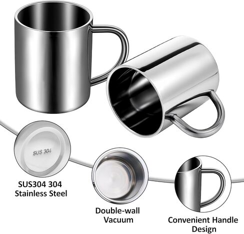 4 Pcs 10oz/300ml 304 Stainless Steel Cups with Handle, Metal Double Walled Cups, Stainless Steel Coffee Mug with Handle, Unbreakable Insulated Camping Mugs for Coffee, Milk, Tea and Cold or Hot Drinks in Saudi Arabia