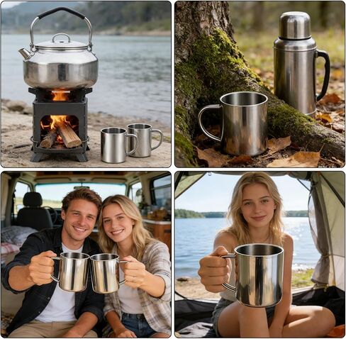 4 Pcs 10oz/300ml 304 Stainless Steel Cups with Handle, Metal Double Walled Cups, Stainless Steel Coffee Mug with Handle, Unbreakable Insulated Camping Mugs for Coffee, Milk, Tea and Cold or Hot Drinks in Saudi Arabia