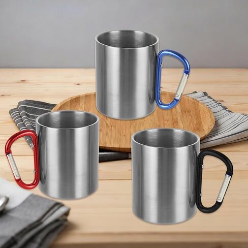 6 Pack Insulated Stainless Steel Camping Coffee Mug 10oz, 3 Color Portable Camping Coffee Mug with Carabiner Handle Hiking Mug for Hiking in Saudi Arabia