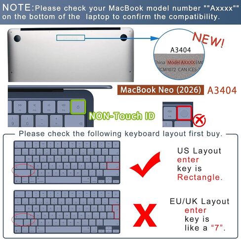 واقي غطاء لوحة المفاتيح فائق النحافة من مادة TPU لجهاز MacBook Neo 13 بوصة (2026، 256G، معرف لا يعمل باللمس) واقي لوحة مفاتيح شفاف بتصميم أمريكي A18 Pro Chip in Saudi Arabia