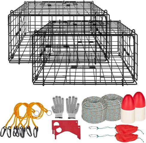 VEVOR Crab Trap, 2 Packs, 24.4x24.4x11.8 inch Heavy Duty Large Crab Pot Trap for Dungeness, Black PVC Coated Wire Mesh for Stealth, with Gauge, Red/White Float, 100ft Leaded Core Rope, and Gloves in Saudi Arabia