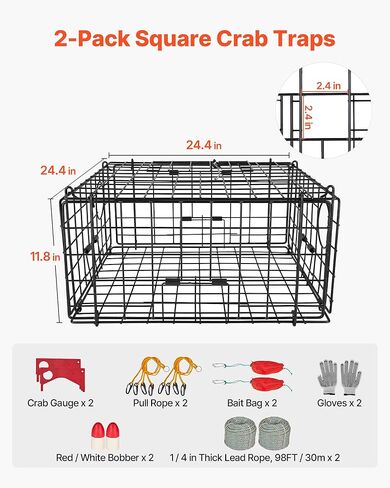 VEVOR Crab Trap, 2 Packs, 24.4x24.4x11.8 inch Heavy Duty Large Crab Pot Trap for Dungeness, Black PVC Coated Wire Mesh for Stealth, with Gauge, Red/White Float, 100ft Leaded Core Rope, and Gloves in Saudi Arabia