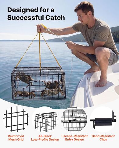 VEVOR Crab Trap, 2 Packs, 24.4x24.4x11.8 inch Heavy Duty Large Crab Pot Trap for Dungeness, Black PVC Coated Wire Mesh for Stealth, with Gauge, Red/White Float, 100ft Leaded Core Rope, and Gloves in Saudi Arabia