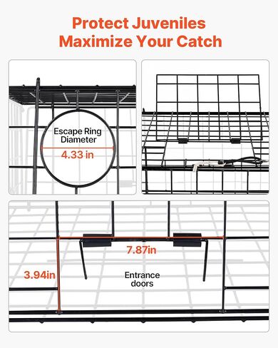 VEVOR Crab Trap, 2 Packs, 24.4x24.4x11.8 inch Heavy Duty Large Crab Pot Trap for Dungeness, Black PVC Coated Wire Mesh for Stealth, with Gauge, Red/White Float, 100ft Leaded Core Rope, and Gloves in Saudi Arabia
