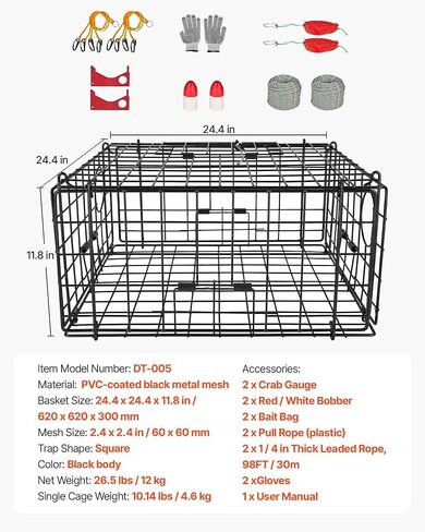 VEVOR Crab Trap, 2 Packs, 24.4x24.4x11.8 inch Heavy Duty Large Crab Pot Trap for Dungeness, Black PVC Coated Wire Mesh for Stealth, with Gauge, Red/White Float, 100ft Leaded Core Rope, and Gloves in Saudi Arabia