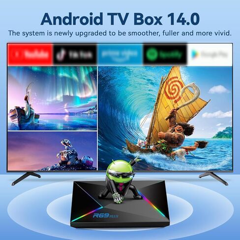 Android 14 TV Box 2026 Android Box 4GB RAM 64GB ROM للتلفزيون الذكي 1000M Ethernet R69 Plus 8K TV Box 4K HDR10+ H728 Octa-core WIFI6 2.4G 5.8G Dual WiFi BT5.0 USB 3.0 مع لوحة مفاتيح لاسلكية صغيرة in Kuwait