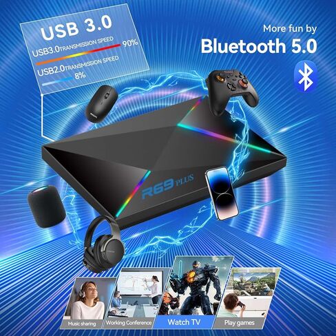 Android 14 TV Box 2026 Android Box 4GB RAM 64GB ROM للتلفزيون الذكي 1000M Ethernet R69 Plus 8K TV Box 4K HDR10+ H728 Octa-core WIFI6 2.4G 5.8G Dual WiFi BT5.0 USB 3.0 مع لوحة مفاتيح لاسلكية صغيرة in Kuwait