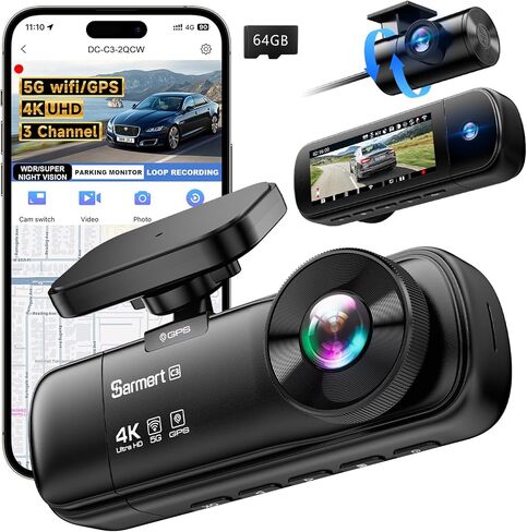 3 Channel Dash Cam, SARMERT 4K Dash Cam Front Inside and Rear with Free 64GB Card, 4K+1080P+1080P Car Camera, G-Sensor, WDR, APP, 5G WiFi, Night Vision, 24H Parking Monitor in Saudi Arabia