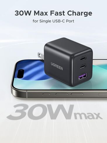 شاحن UGREEN USB C بقدرة 30 وات (أسود وأبيض)، شاحن حائط سريع الشحن بـ 3 منافذ GaN II مع PD QC، محول طاقة USB C مدمج لأجهزة iPhone 17/16/15 وGalaxy S25/S24 وiPad وأجهزة Android in Saudi Arabia