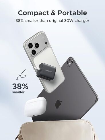 شاحن UGREEN USB C بقدرة 30 وات (أسود وأبيض)، شاحن حائط سريع الشحن بـ 3 منافذ GaN II مع PD QC، محول طاقة USB C مدمج لأجهزة iPhone 17/16/15 وGalaxy S25/S24 وiPad وأجهزة Android in Saudi Arabia