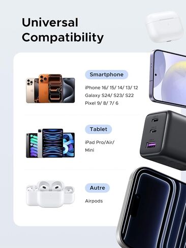 شاحن UGREEN USB C بقدرة 30 وات (أسود وأبيض)، شاحن حائط سريع الشحن بـ 3 منافذ GaN II مع PD QC، محول طاقة USB C مدمج لأجهزة iPhone 17/16/15 وGalaxy S25/S24 وiPad وأجهزة Android in Saudi Arabia