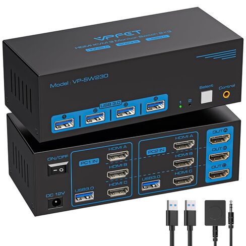 مفتاح KVM 3 شاشات 2 جهاز كمبيوتر HDMI 4K@60 هرتز USB 3.0 KVM مفاتيح لجهازي كمبيوتر مشاركة شاشة ثلاثية و4 منافذ USB تدعم وضع النسخ الممتد. وحدة تحكم سلكية تيار مستمر 12 فولت/1 أمبير متضمنة in Kuwait