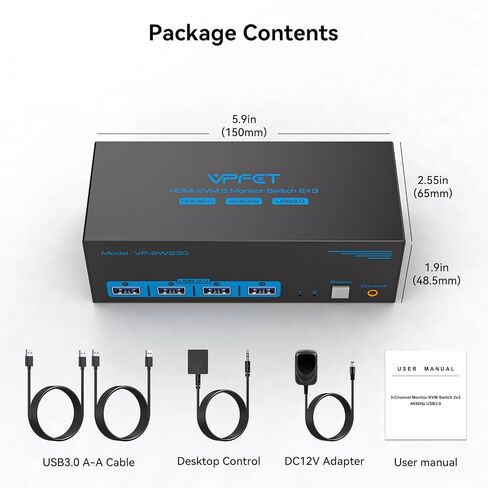 مفتاح KVM 3 شاشات 2 جهاز كمبيوتر HDMI 4K@60 هرتز USB 3.0 KVM مفاتيح لجهازي كمبيوتر مشاركة شاشة ثلاثية و4 منافذ USB تدعم وضع النسخ الممتد. وحدة تحكم سلكية تيار مستمر 12 فولت/1 أمبير متضمنة in Kuwait