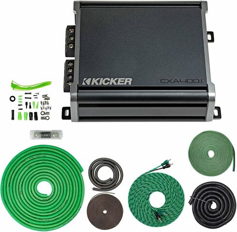 Kicker 46CXA4001 400W CX Series Mono Class D Subwoofer Amplifier + SoundBox 4 Gauge Amp Kit Bundle - أسلاك AWG كاملة، 5000 واط، واحد أوم ثابت، متغير 12 ديسيبل كروس، KickEQ Bass Boost in Kuwait