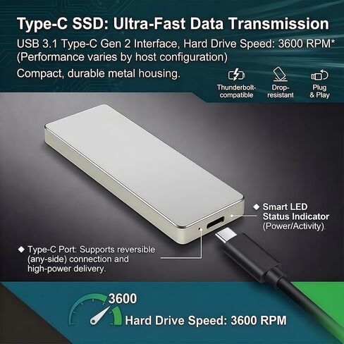 Portable SSDPortable Mobile Solid State Drive, High-Speed USB-C Solid State Drive (Silver) in Saudi Arabia