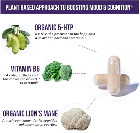 Organic 5-HTP - 200 mg | 99% 5HTP Concentration, Plus Cofactor Vitamin B6 & Lions Mane | Water Extracted from Organic Griffonia Seeds | Supports Mood, Cognition & Sleep (60 Capsules | 30 Servings) in Saudi Arabia