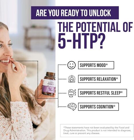 Organic 5-HTP - 200 mg | 99% 5HTP Concentration, Plus Cofactor Vitamin B6 & Lions Mane | Water Extracted from Organic Griffonia Seeds | Supports Mood, Cognition & Sleep (60 Capsules | 30 Servings) in Saudi Arabia