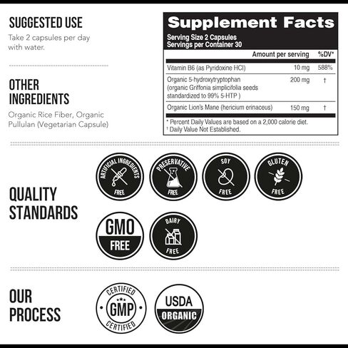 Organic 5-HTP - 200 mg | 99% 5HTP Concentration, Plus Cofactor Vitamin B6 & Lions Mane | Water Extracted from Organic Griffonia Seeds | Supports Mood, Cognition & Sleep (60 Capsules | 30 Servings) in Saudi Arabia