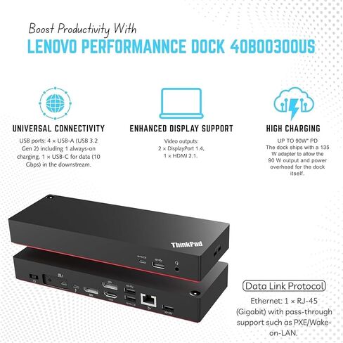 قاعدة إرساء Lenovo 40B00135US Thunderbolt 4 Dock - محطة إرساء Thinkpad USB C مع كابلات 135 وات وHDMI وDisplayPort وUSB-C إلى C (متجددة) in Saudi Arabia