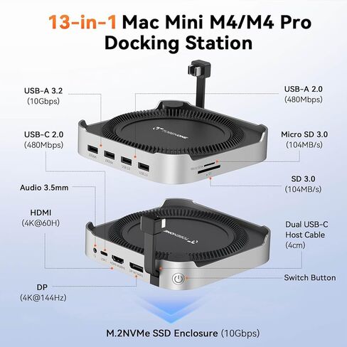 TobenONE 13-in-1 Mac mini M4 Dock with 8TB SSD Enclosure, Mac mini M4 Hub Stand for Mac mini M4/M4 Pro 2024, 4K@144Hz DP, 4K@60Hz HDMI, 5 USB (Max 10Gbps), SD/Micro SD, Audio, One-Touch Power Button in Saudi Arabia