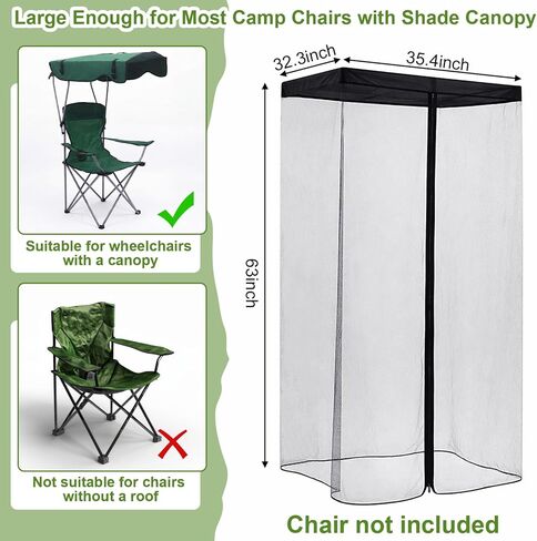 Yahenda 63" H Mosquito Net Cover for Canopy Chair, Bug Barrier Mesh Tent Netting with 32 x 35 Inch Waterproof Roof and Opening Zipper for Fishing Camping Chairs Outdoors, Excluding Chair in Saudi Arabia