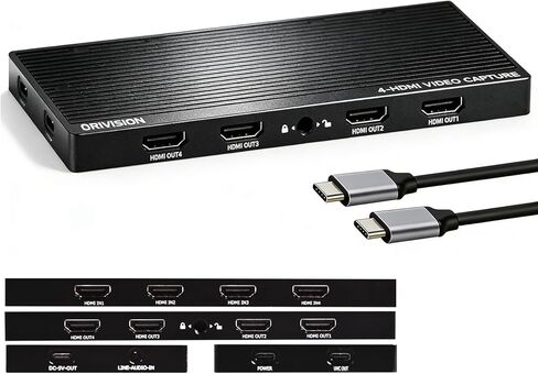 بطاقة التقاط HDMI ذات 4 قنوات مع حلقة خارجية - بطاقة التقاط فيديو 4K60، توصيل وتشغيل UVC USB 3.2 نوع C، 10 جيجابت في الثانية، مدخل صوت احترافي، 100 وات PD، للبث/الألعاب/إنتاج الفيديو/PS5/Switch/Xbox in Kuwait