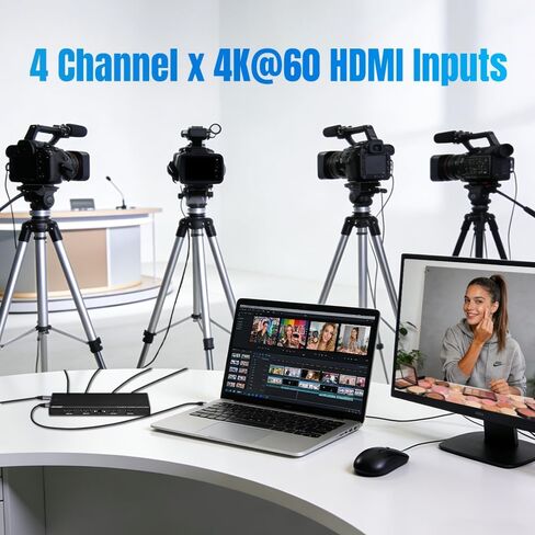 بطاقة التقاط HDMI ذات 4 قنوات مع حلقة خارجية - بطاقة التقاط فيديو 4K60، توصيل وتشغيل UVC USB 3.2 نوع C، 10 جيجابت في الثانية، مدخل صوت احترافي، 100 وات PD، للبث/الألعاب/إنتاج الفيديو/PS5/Switch/Xbox in Kuwait