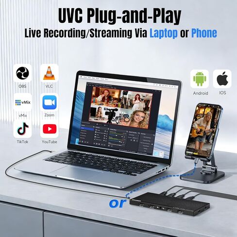 بطاقة التقاط HDMI ذات 4 قنوات مع حلقة خارجية - بطاقة التقاط فيديو 4K60، توصيل وتشغيل UVC USB 3.2 نوع C، 10 جيجابت في الثانية، مدخل صوت احترافي، 100 وات PD، للبث/الألعاب/إنتاج الفيديو/PS5/Switch/Xbox in Kuwait