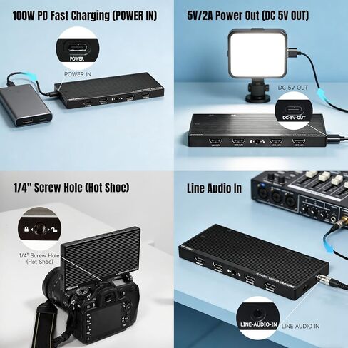 بطاقة التقاط HDMI ذات 4 قنوات مع حلقة خارجية - بطاقة التقاط فيديو 4K60، توصيل وتشغيل UVC USB 3.2 نوع C، 10 جيجابت في الثانية، مدخل صوت احترافي، 100 وات PD، للبث/الألعاب/إنتاج الفيديو/PS5/Switch/Xbox in Kuwait