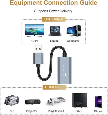 بطاقة التقاط فيديو HDMI، بطاقة التقاط HDMI 4K إلى USB 3.0 لتسجيل الألعاب المتدفقة، 1080P 60FPS، متوافقة مع نظام التشغيل Windows Android Mac OS، PS5/4، Xbox، الكاميرا، OBS VLC Amcap Zoom in Kuwait