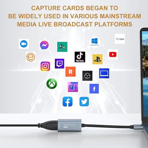 بطاقة التقاط فيديو HDMI، بطاقة التقاط HDMI 4K إلى USB 3.0 لتسجيل الألعاب المتدفقة، 1080P 60FPS، متوافقة مع نظام التشغيل Windows Android Mac OS، PS5/4، Xbox، الكاميرا، OBS VLC Amcap Zoom in Kuwait