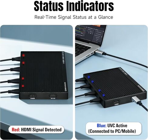 بطاقة التقاط HDMI ذات 4 قنوات مع حلقة خارجية - بطاقة التقاط فيديو 4K60، توصيل وتشغيل UVC USB 3.2 نوع C، 10 جيجابت في الثانية، مدخل صوت احترافي، 100 وات PD، للبث/الألعاب/إنتاج الفيديو/PS5/Switch/Xbox in Kuwait