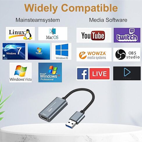 بطاقة التقاط فيديو HDMI، بطاقة التقاط HDMI 4K إلى USB 3.0 لتسجيل الألعاب المتدفقة، 1080P 60FPS، متوافقة مع نظام التشغيل Windows Android Mac OS، PS5/4، Xbox، الكاميرا، OBS VLC Amcap Zoom in Kuwait