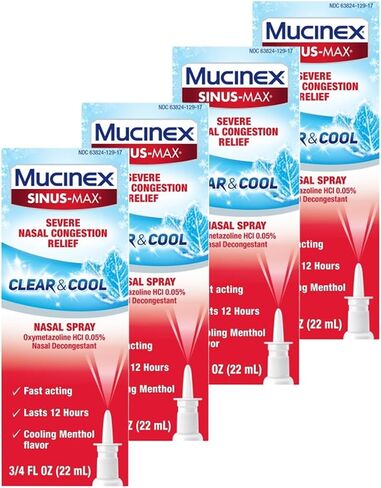 Mucinex Nasal Decongestant Spray، Sinus-Max الشديد لتخفيف احتقان الأنف، رذاذ الأنف الشفاف والبارد، يدوم 12 ساعة، سريع المفعول، نكهة المنثول المبردة، قد تختلف التعبئة، 0.75 أونصة سائلة (عبوة من 4) in Saudi Arabia