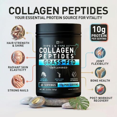 Pure Collagen Peptides Powder (11g | 60 Servings) Grass Fed Pasture-Raised Bovine Collagen Powder Hydrolyzed for Maximum Absorption ; Collagen Supplement for Joint Support, Hair & Skin in Kuwait