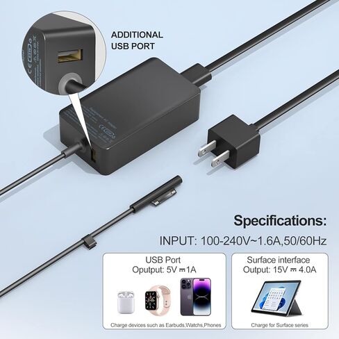 65W Surface Pro Laptop Charger for Microsoft Surface Pro 11,10, 9, 8, 7+, 7, 6, 5 Surface Laptop 5 Studio 4 Go 3 2, Surface Book 3 2 1, Surface Go Tablet, Support 36W, 44W in Saudi Arabia