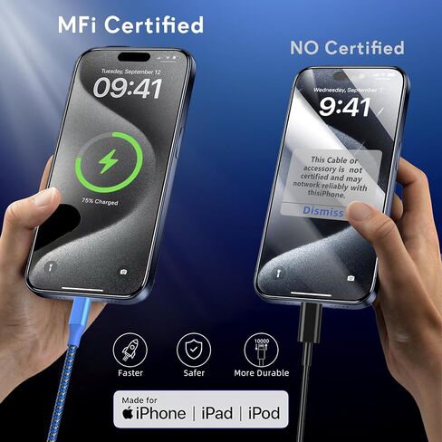 3 قطع من شاحن iPhone بطول 10 أقدام، سلك شحن سريع معتمد من MFi، كابل Lightning من النايلون المضفر، سلك شاحن iPhone متوافق مع iPhone 14 13 12 11 Pro Max XR XS X 8 7 6 Plus SE والمزيد in Saudi Arabia