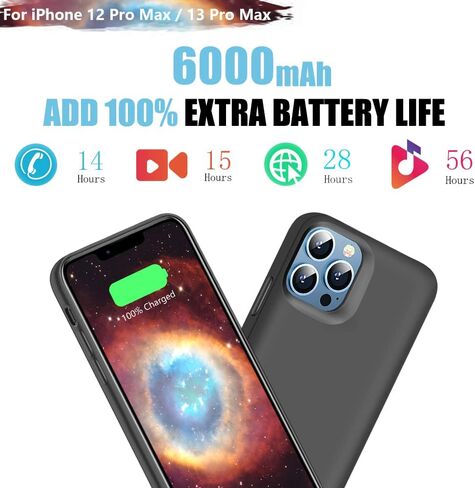 حافظة بطارية لهاتف iPhone 12 Pro Max وiPhone 13 Pro Max، حافظة شاحن بطارية ممتدة قابلة لإعادة الشحن بقدرة 6000 مللي أمبير في الساعة، أضف 100% عصير إضافي (6.7 بوصة) أسود in Kuwait