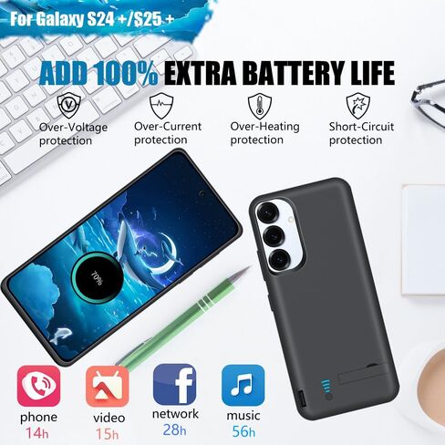 [حافظة بطارية مطورة لهاتف Samsung Galaxy S25+ / S24+، حافظة شاحن بطارية ممتدة قابلة لإعادة الشحن بقدرة 5000 مللي أمبير في الساعة، أضف 100% عصير إضافي (6.7 بوصة) أسود in Kuwait